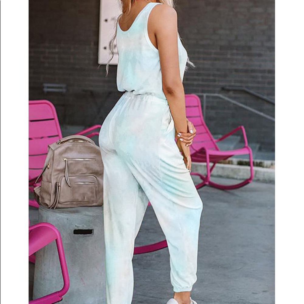 Blue Tie Dye Drawstring Jumpsuit